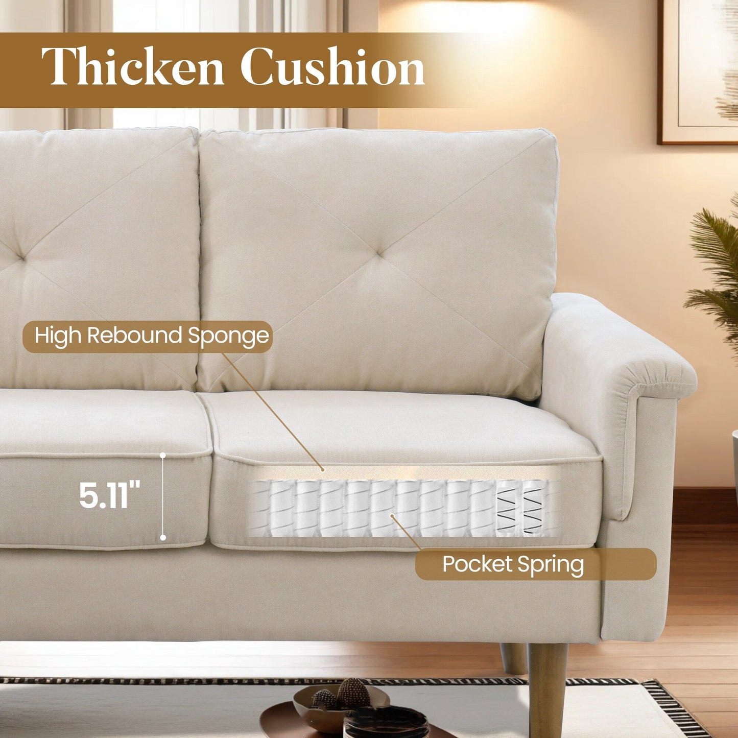 Canapé 3 places rembourré style Mid-Century avec pieds en bois pour salon