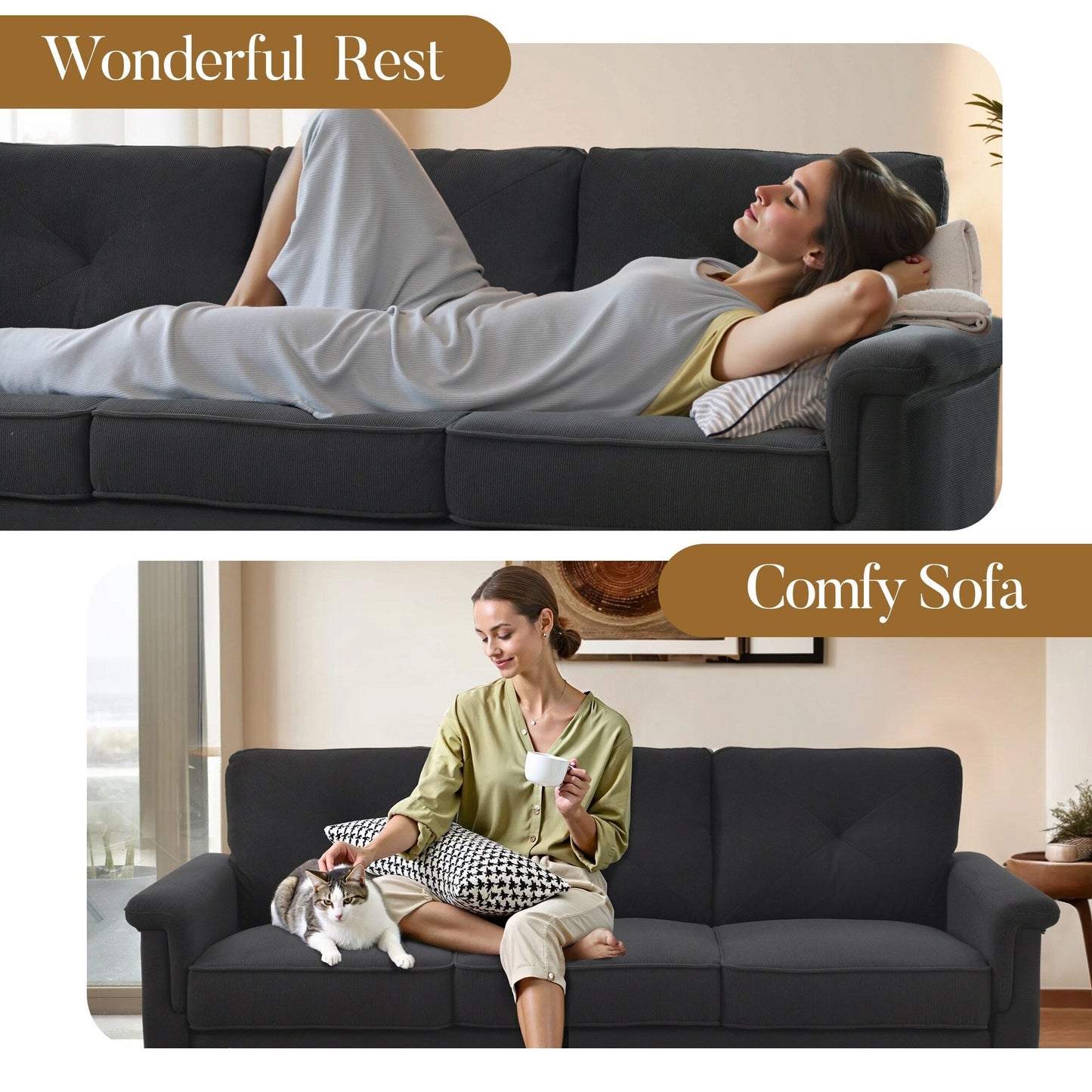 Canapé 3 places rembourré style Mid-Century avec pieds en bois pour salon