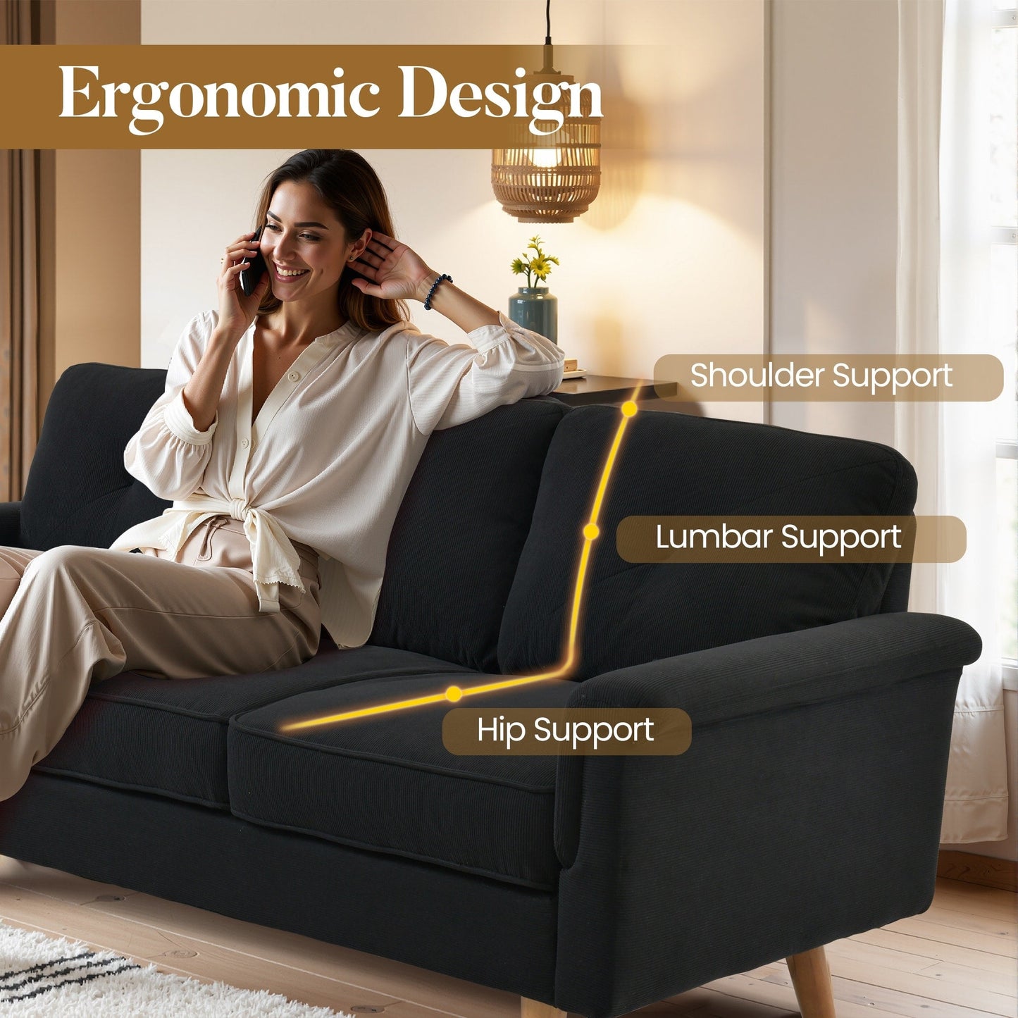 Canapé 3 places rembourré style Mid-Century avec pieds en bois pour salon