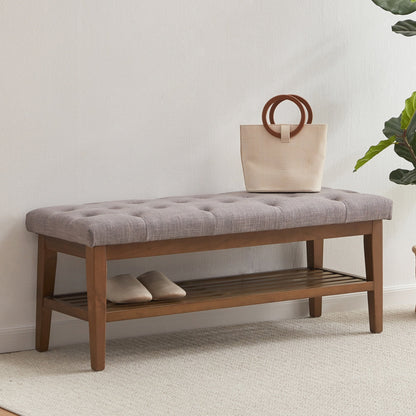 Banc à chaussures d'entrée, banc de rangement en tissu et bois massif, banc rembourré de 43 pouces pour salon et chambres