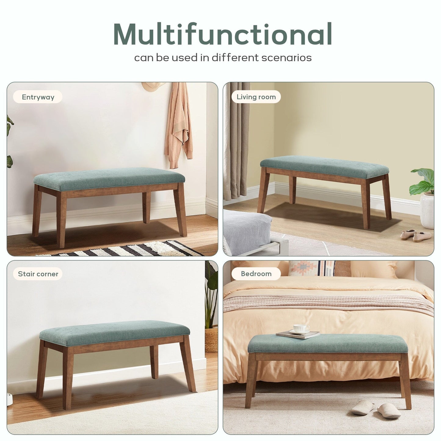 Banc d'entrée rembourré en tissu, banc de chambre à coucher pour pied de lit, beige, bois massif, 112 cm (44 pouces)