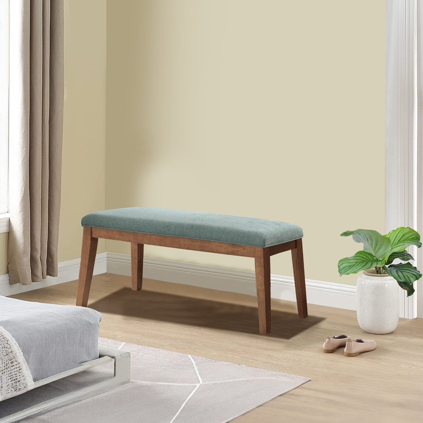 Banc d'entrée rembourré en tissu, banc de chambre à coucher pour pied de lit, beige, bois massif, 112 cm (44 pouces)