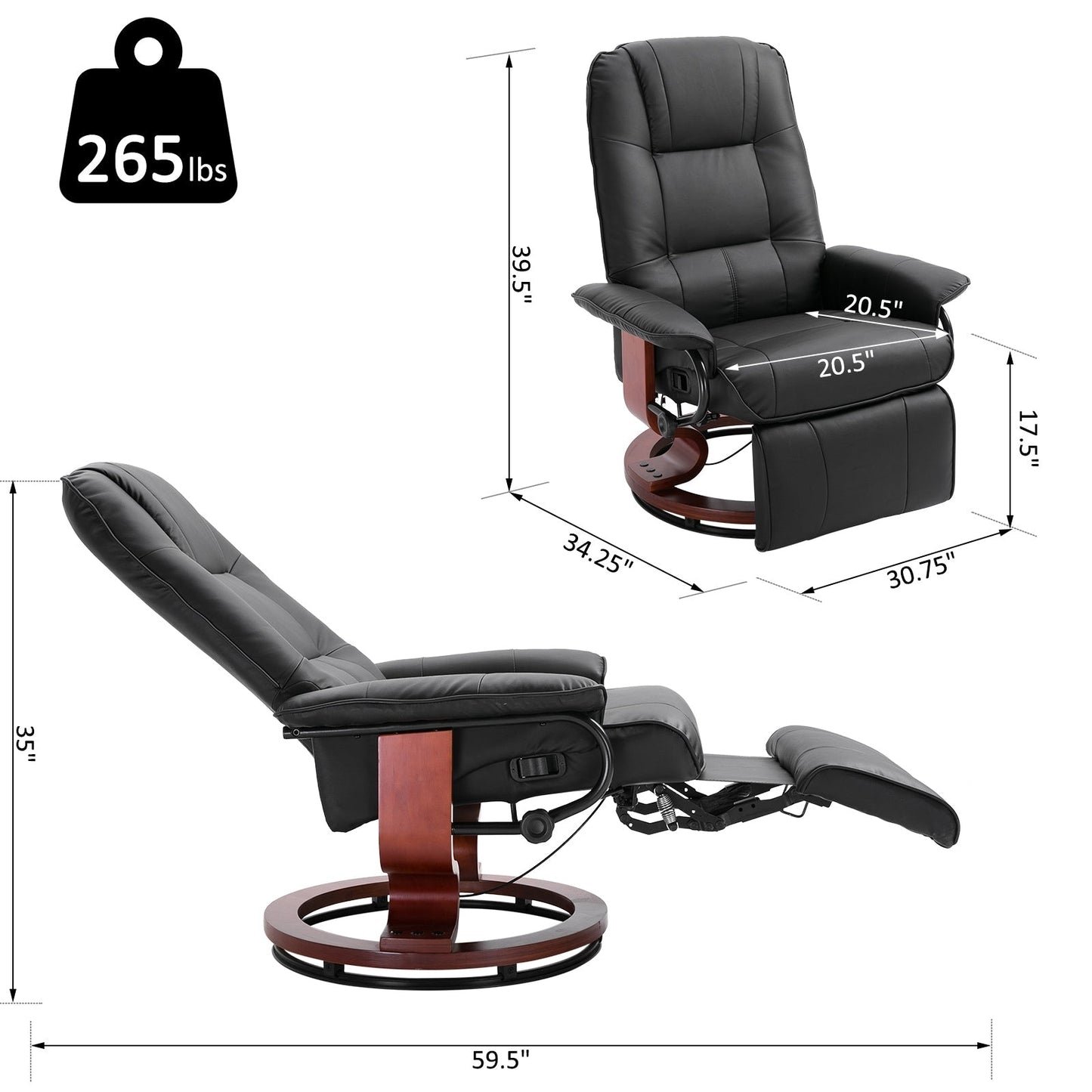 Fauteuil inclinable manuel pivotant et réglable en similicuir HomCom avec repose-pieds confortable et relaxant