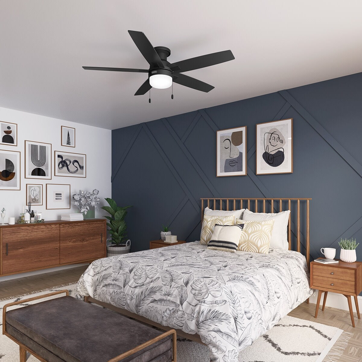 Ventilateur de plafond Hunter 52 Anisten à profil bas avec éclairage LED et chaînette - Style moderne, contemporain et transitionnel