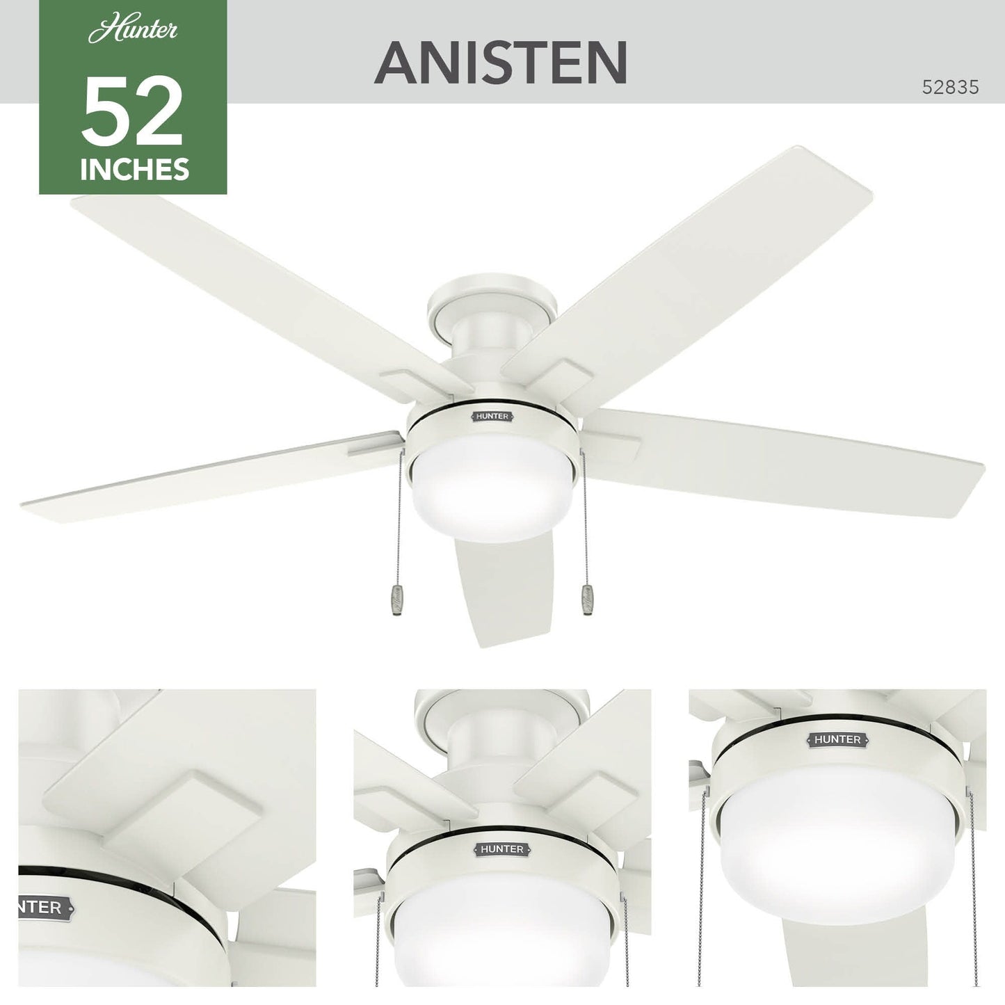 Ventilateur de plafond Hunter 52 Anisten à profil bas avec éclairage LED et chaînette - Style moderne, contemporain et transitionnel