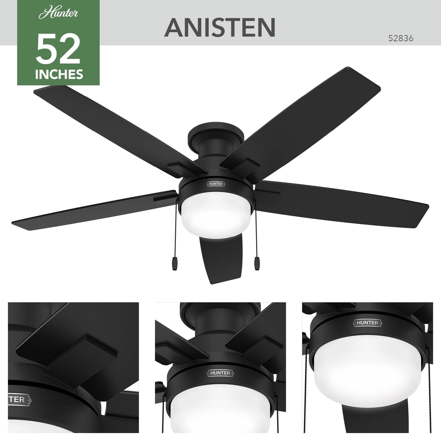 Ventilateur de plafond Hunter 52 Anisten à profil bas avec éclairage LED et chaînette - Style moderne, contemporain et transitionnel