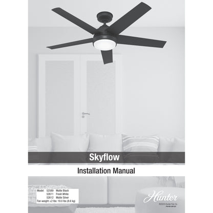 Ventilateur de plafond extérieur Hunter 52 Skyflow avec kit d'éclairage LED, commande murale - Style côtier moderne contemporain - WeatherMax - RÉSISTANT À L'EAU !