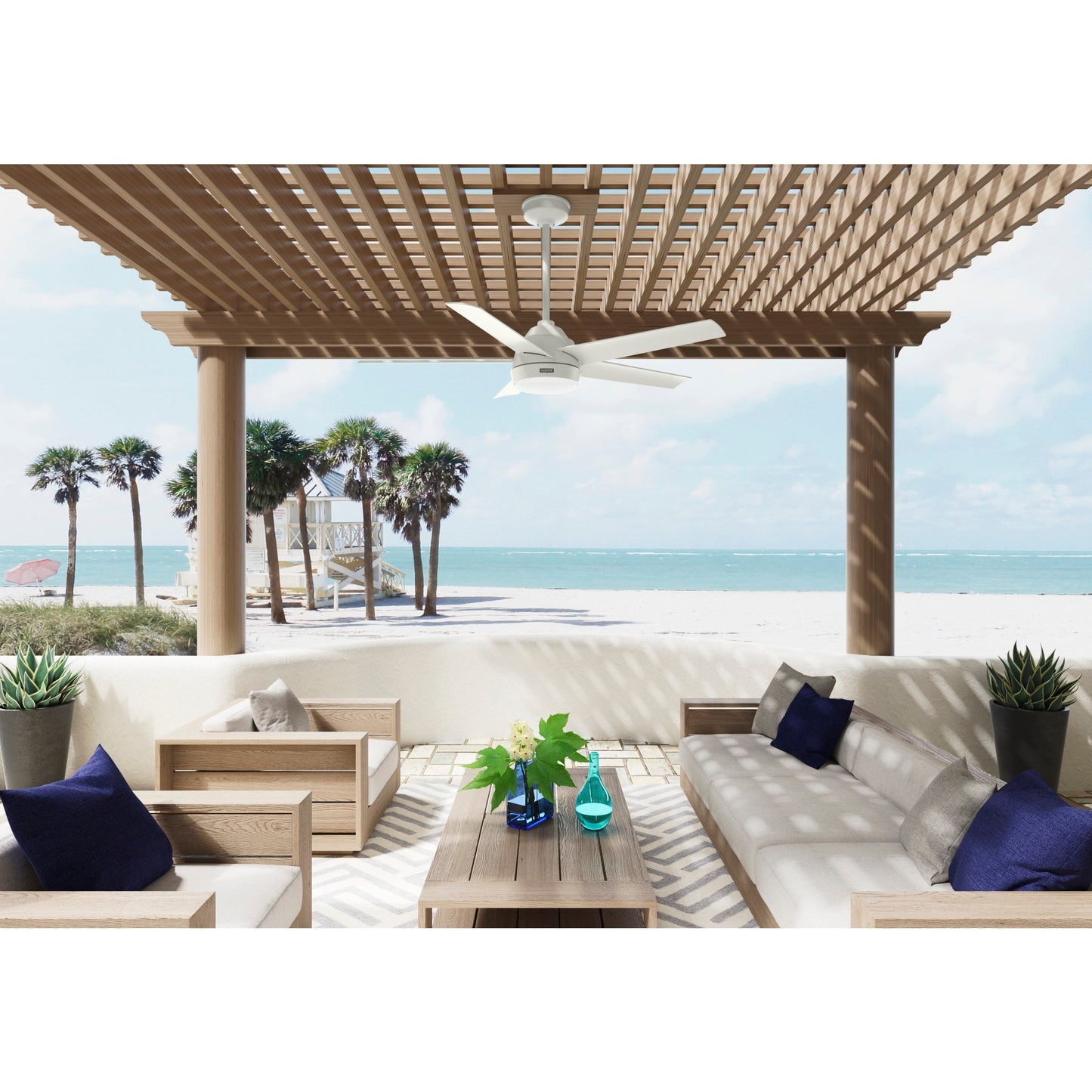 Ventilateur de plafond extérieur Hunter 52 Skyflow avec kit d'éclairage LED, commande murale - Style côtier moderne contemporain - WeatherMax - RÉSISTANT À L'EAU !