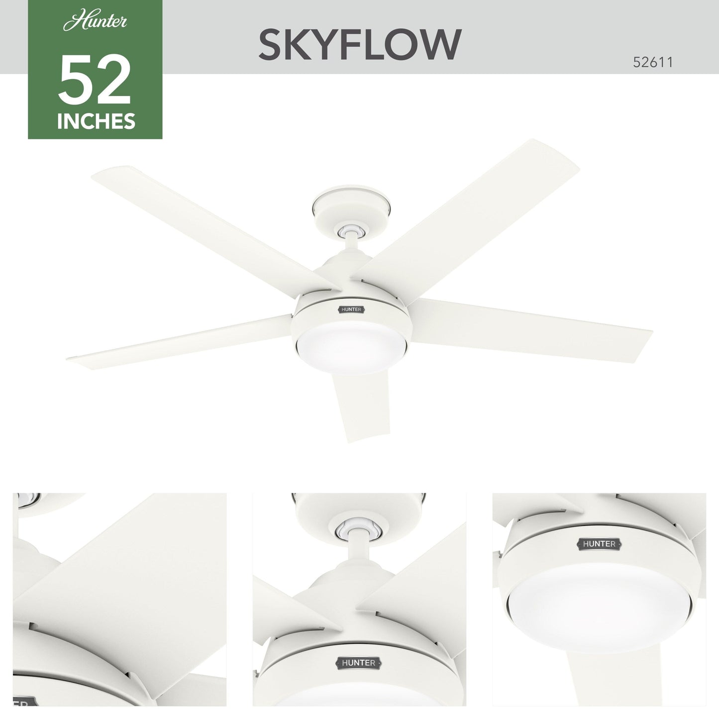 Ventilateur de plafond extérieur Hunter 52 Skyflow avec kit d'éclairage LED, commande murale - Style côtier moderne contemporain - WeatherMax - RÉSISTANT À L'EAU !