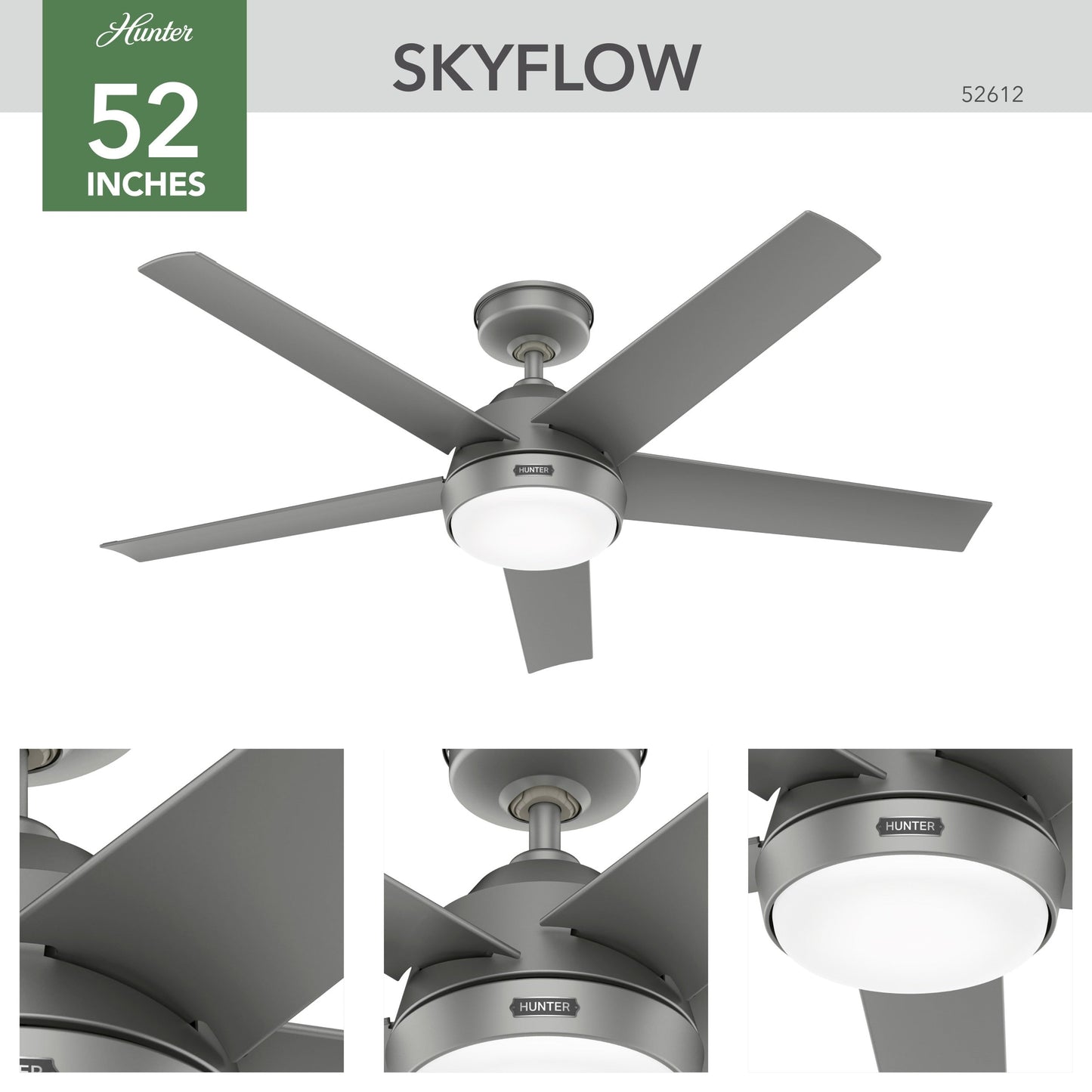 Ventilateur de plafond extérieur Hunter 52 Skyflow avec kit d'éclairage LED, commande murale - Style côtier moderne contemporain - WeatherMax - RÉSISTANT À L'EAU !