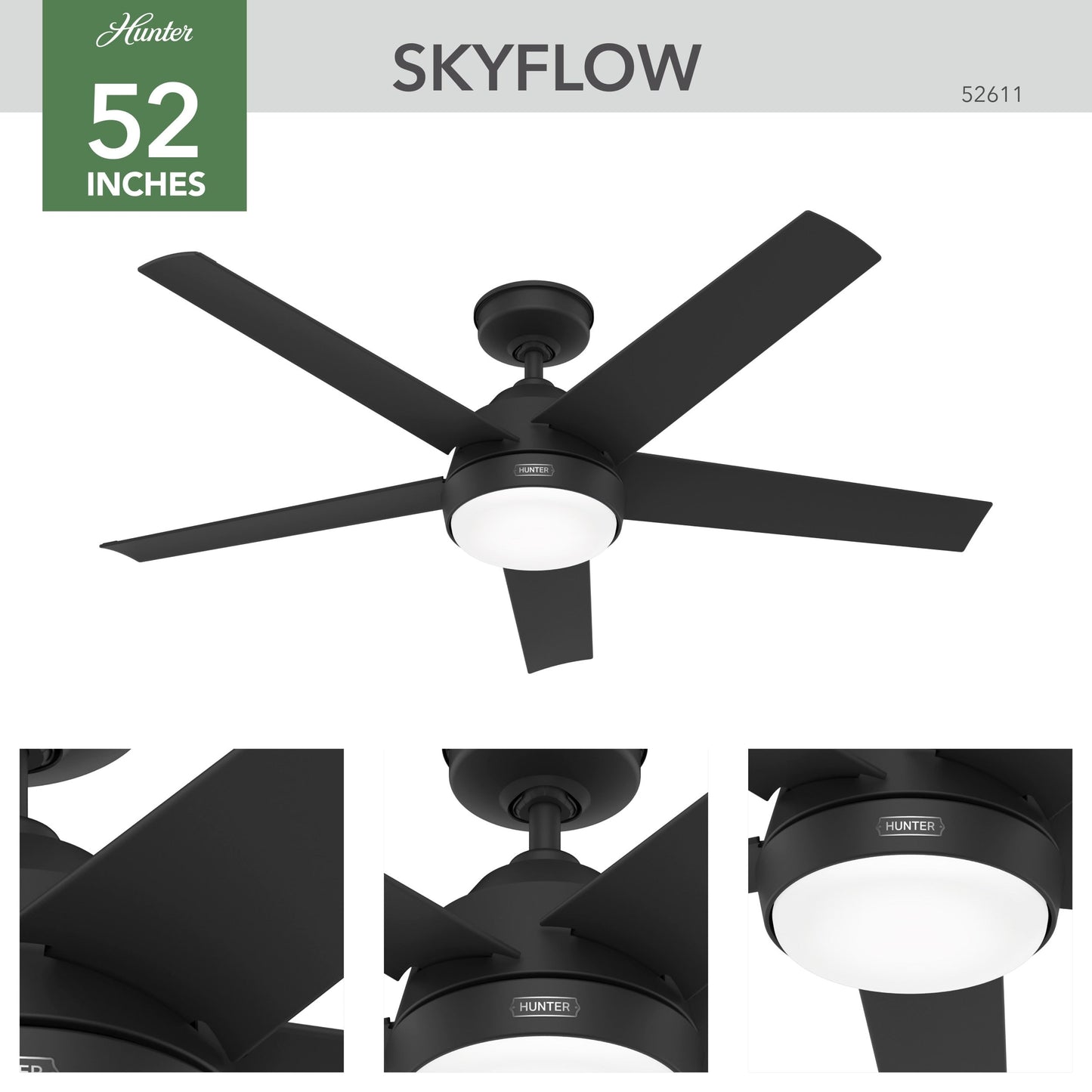 Ventilateur de plafond extérieur Hunter 52 Skyflow avec kit d'éclairage LED, commande murale - Style côtier moderne contemporain - WeatherMax - RÉSISTANT À L'EAU !