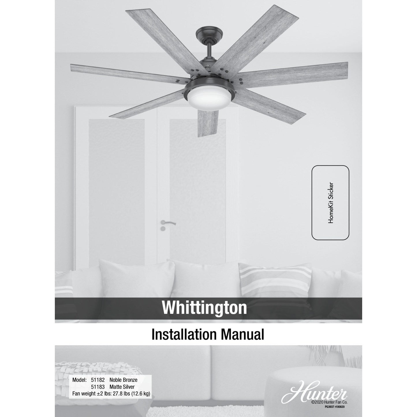 Ventilateur de plafond Hunter WiFi Whittington avec lumière LED, télécommande portable - Moulin à vent - Style industriel, campagnard, rustique - VENTILATEUR INTELLIGENT !