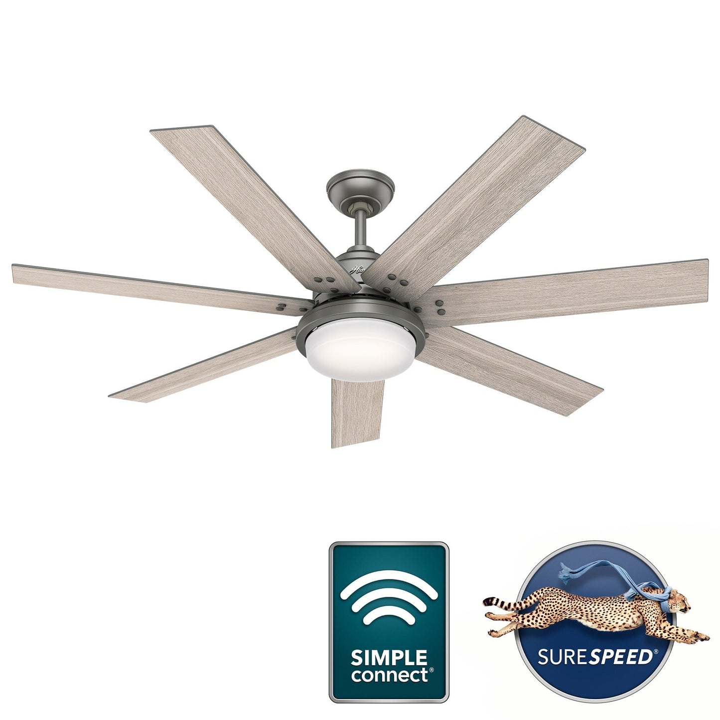 Ventilateur de plafond Hunter WiFi Whittington avec lumière LED, télécommande portable - Moulin à vent - Style industriel, campagnard, rustique - VENTILATEUR INTELLIGENT !