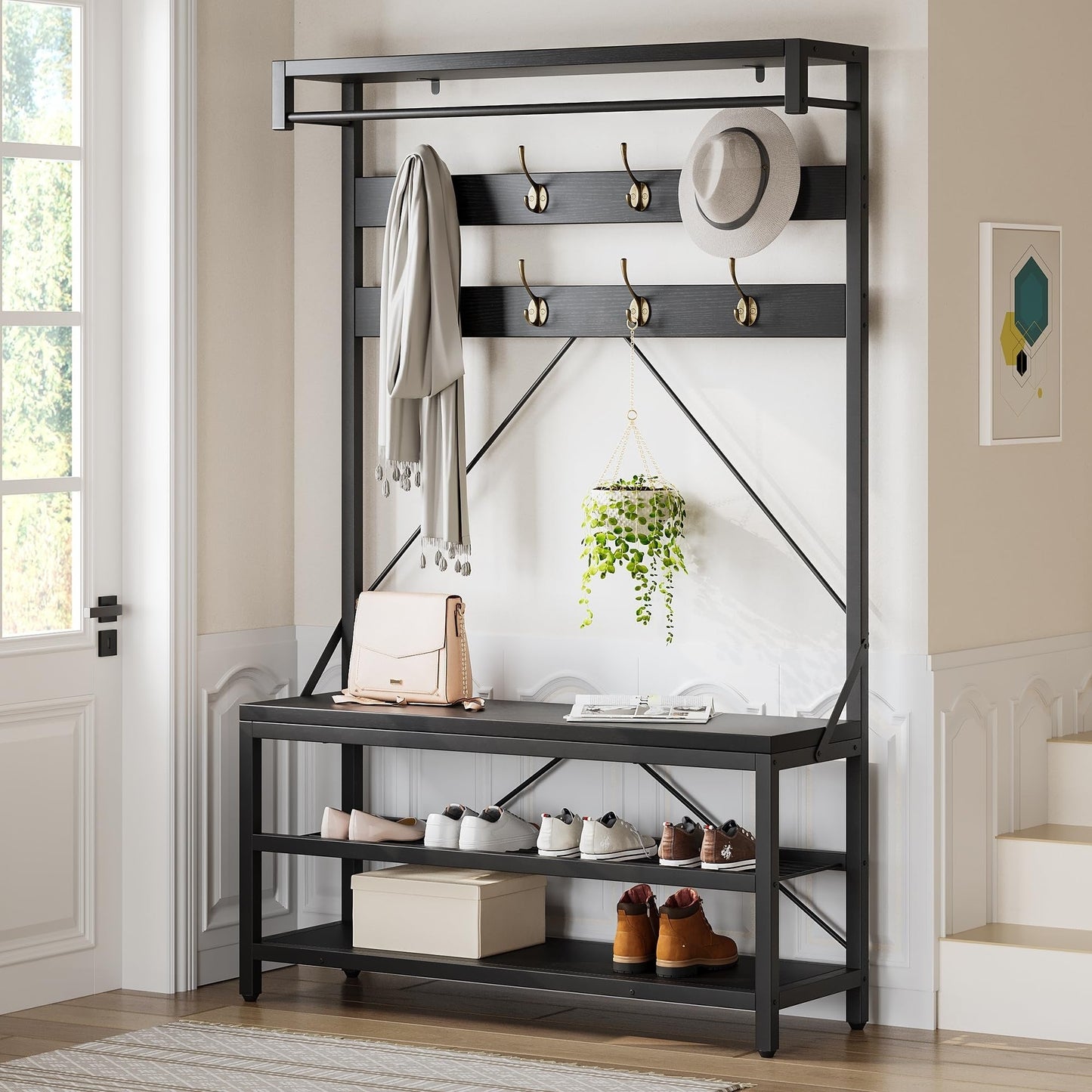 Porte-manteau industriel avec banc à chaussures intégré - Meuble d'entrée 3 en 1
