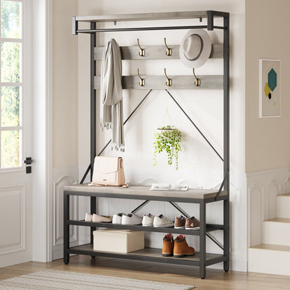 Porte-manteau industriel avec banc à chaussures intégré - Meuble d'entrée 3 en 1