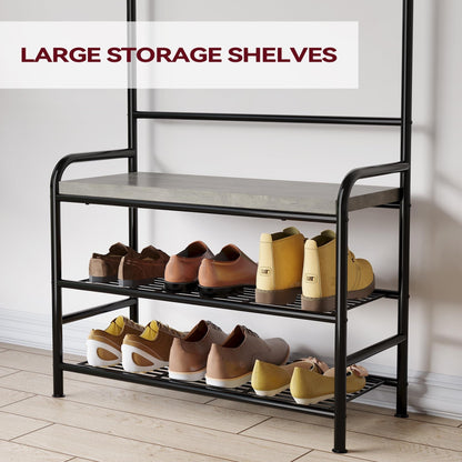 Porte-manteau industriel avec banc à chaussures intégré - Meuble d'entrée 3 en 1