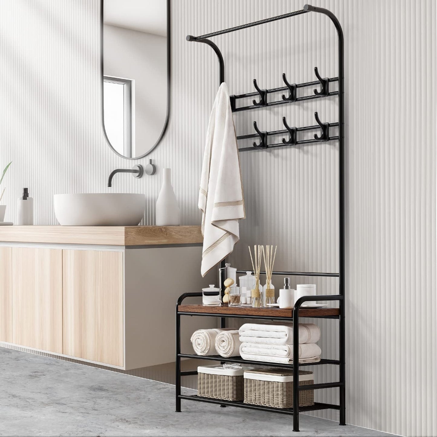 Porte-manteau industriel avec banc à chaussures intégré - Meuble d'entrée 3 en 1