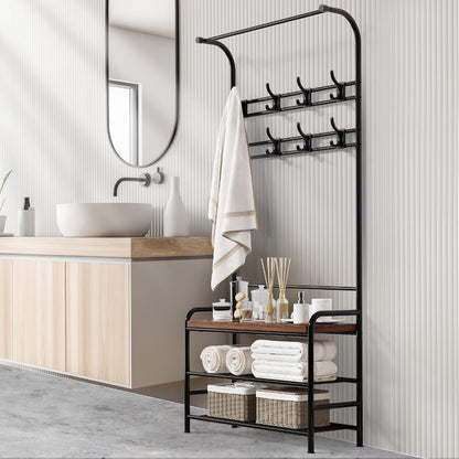 Porte-manteau industriel avec banc à chaussures intégré - Meuble d'entrée 3 en 1