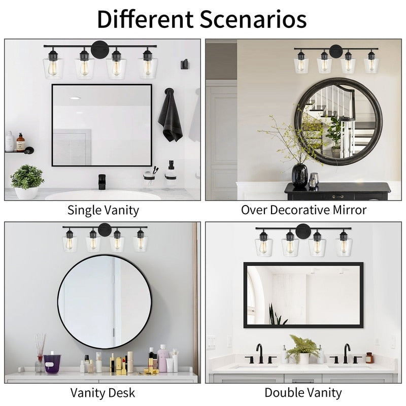 Applique murale de salle de bain KAWOTI à 4 lumières, intensité variable, en métal et avec abat-jour en verre