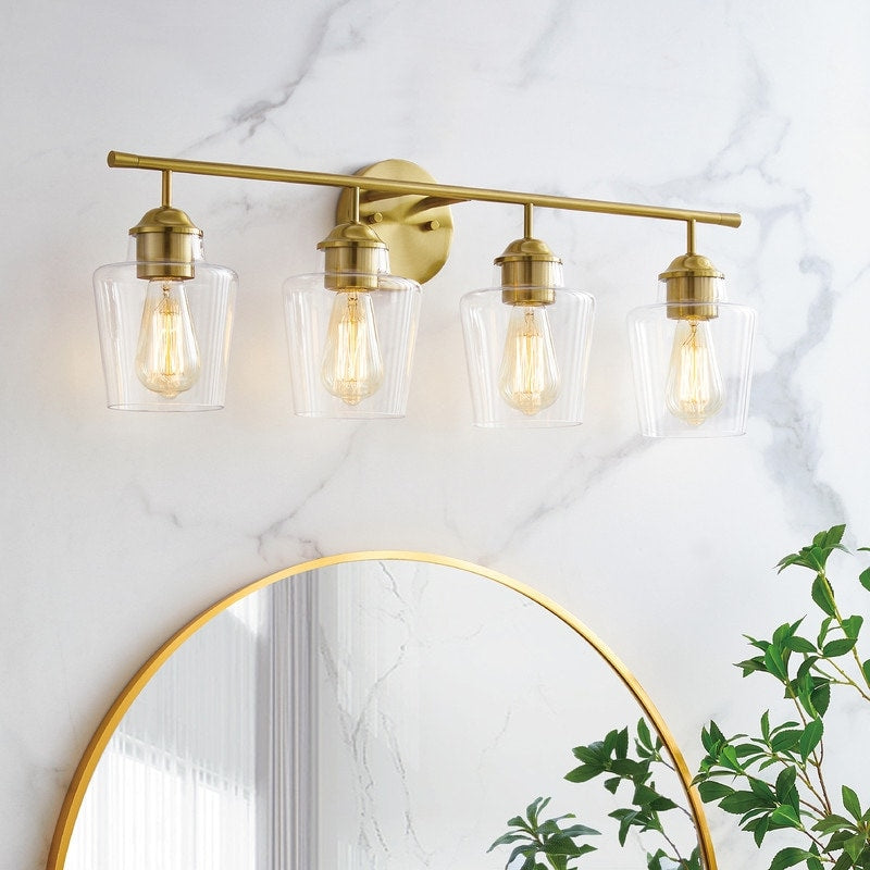 Applique murale de salle de bain KAWOTI à 4 lumières, intensité variable, en métal et avec abat-jour en verre