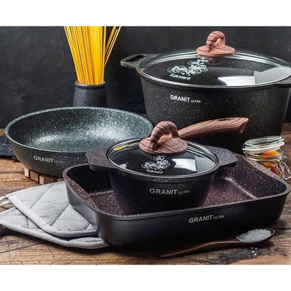Casserole antiadhésive KUKMARA Granit Ultra en aluminium effet marbre avec couvercle en verre