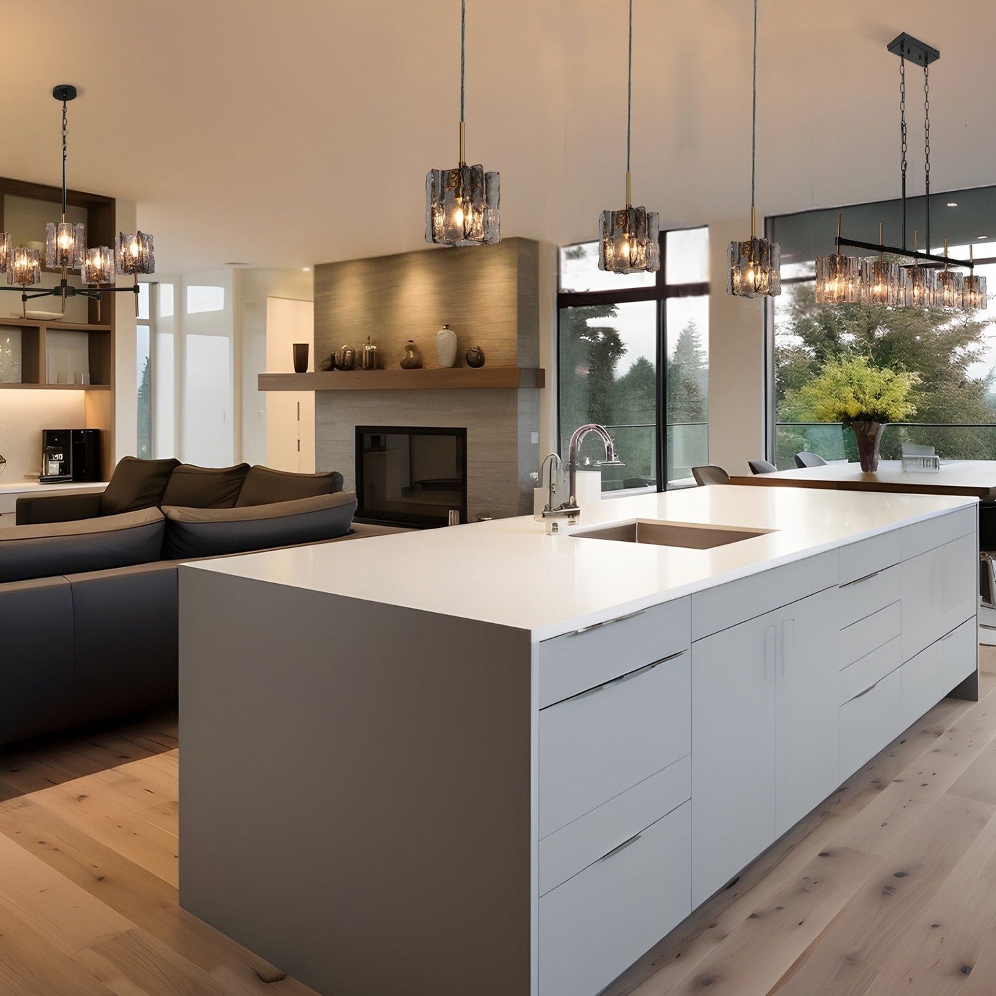 Lustre linéaire moderne à 5 lumières Kasy, éclairage d'îlot de cuisine en verre texturé, design unique