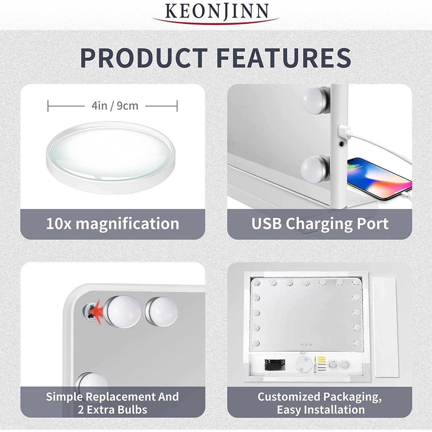 Miroir de maquillage Keonjinn à LED style Hollywood avec 15/18 LED