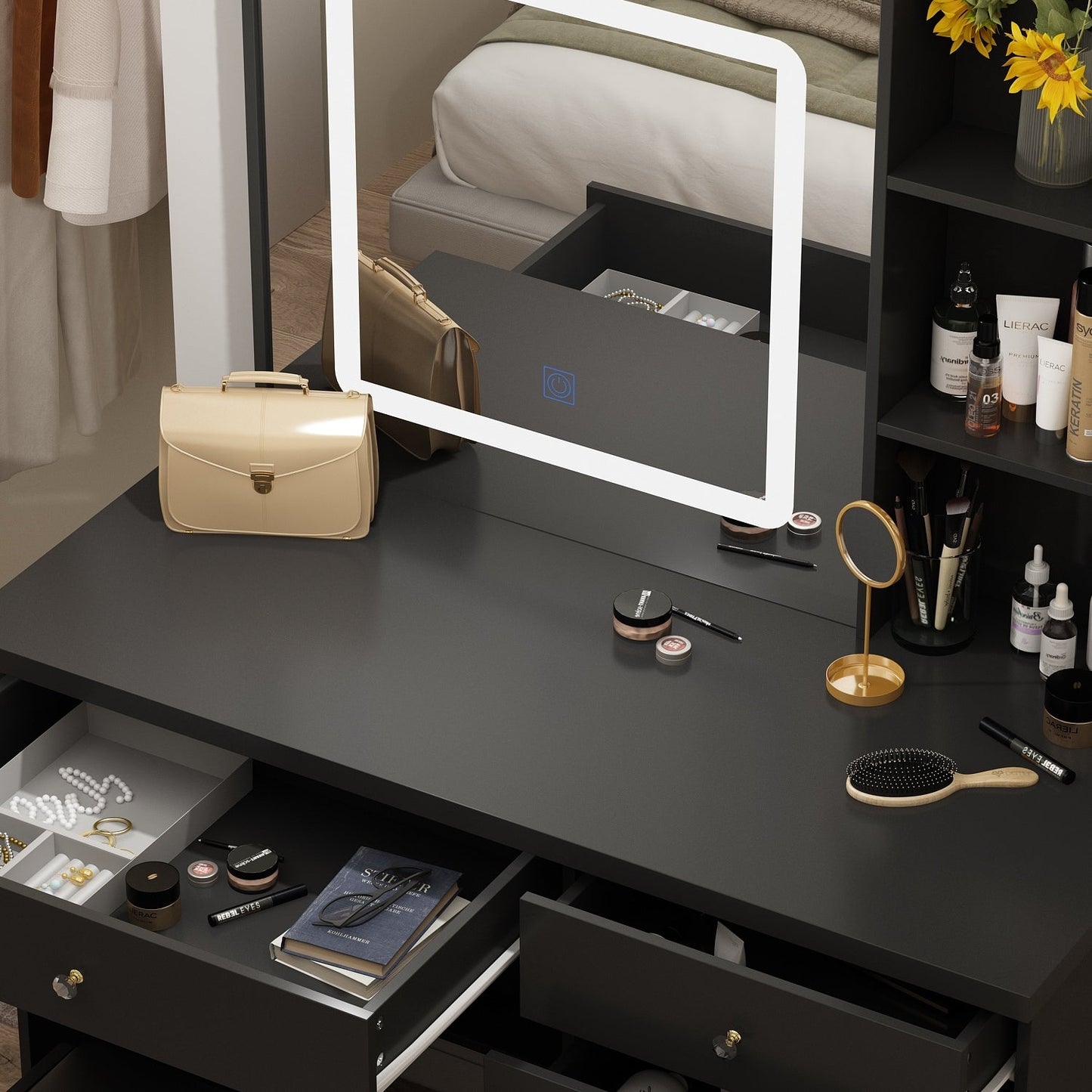 Ensemble coiffeuse Kerrogee avec miroir lumineux réglable et tabouret - 39,4 cm (L) x 19,7 cm (l) x 53,5 cm (H)