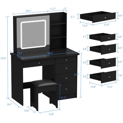 Ensemble coiffeuse Kerrogee avec miroir lumineux réglable et tabouret - 39,4 cm (L) x 19,7 cm (l) x 53,5 cm (H)