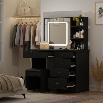 Ensemble coiffeuse Kerrogee avec miroir lumineux réglable et tabouret - 39,4 cm (L) x 19,7 cm (l) x 53,5 cm (H)