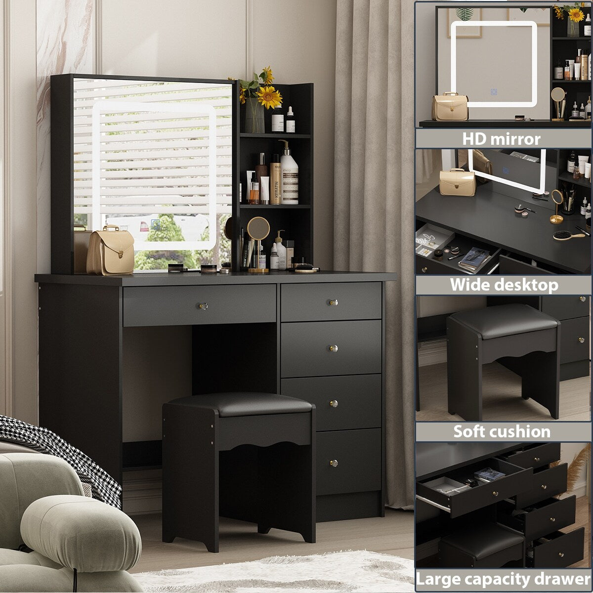 Ensemble coiffeuse Kerrogee avec miroir lumineux réglable et tabouret - 39,4 cm (L) x 19,7 cm (l) x 53,5 cm (H)