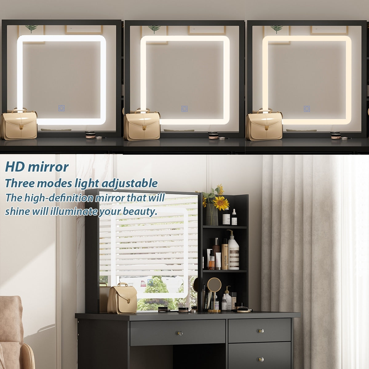 Ensemble coiffeuse Kerrogee avec miroir lumineux réglable et tabouret - 39,4 cm (L) x 19,7 cm (l) x 53,5 cm (H)