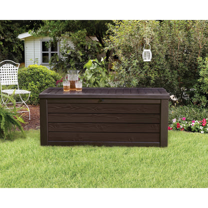 Coffre de rangement extérieur Keter Westwood de 150 gallons (environ 568 litres) en résine durable, marron, idéal pour le mobilier et les accessoires.
