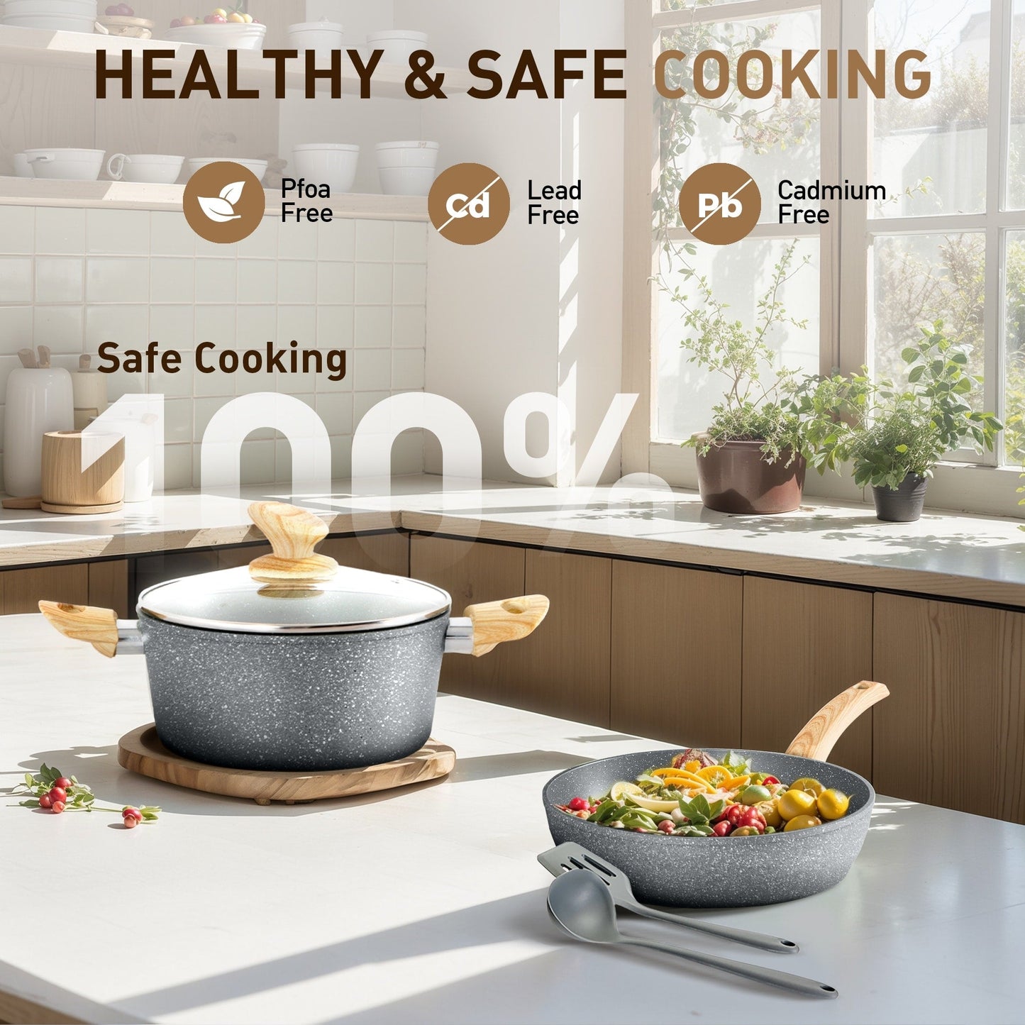 Batterie de cuisine antiadhésive, ensemble de 12 pièces (casseroles et poêles) en granit