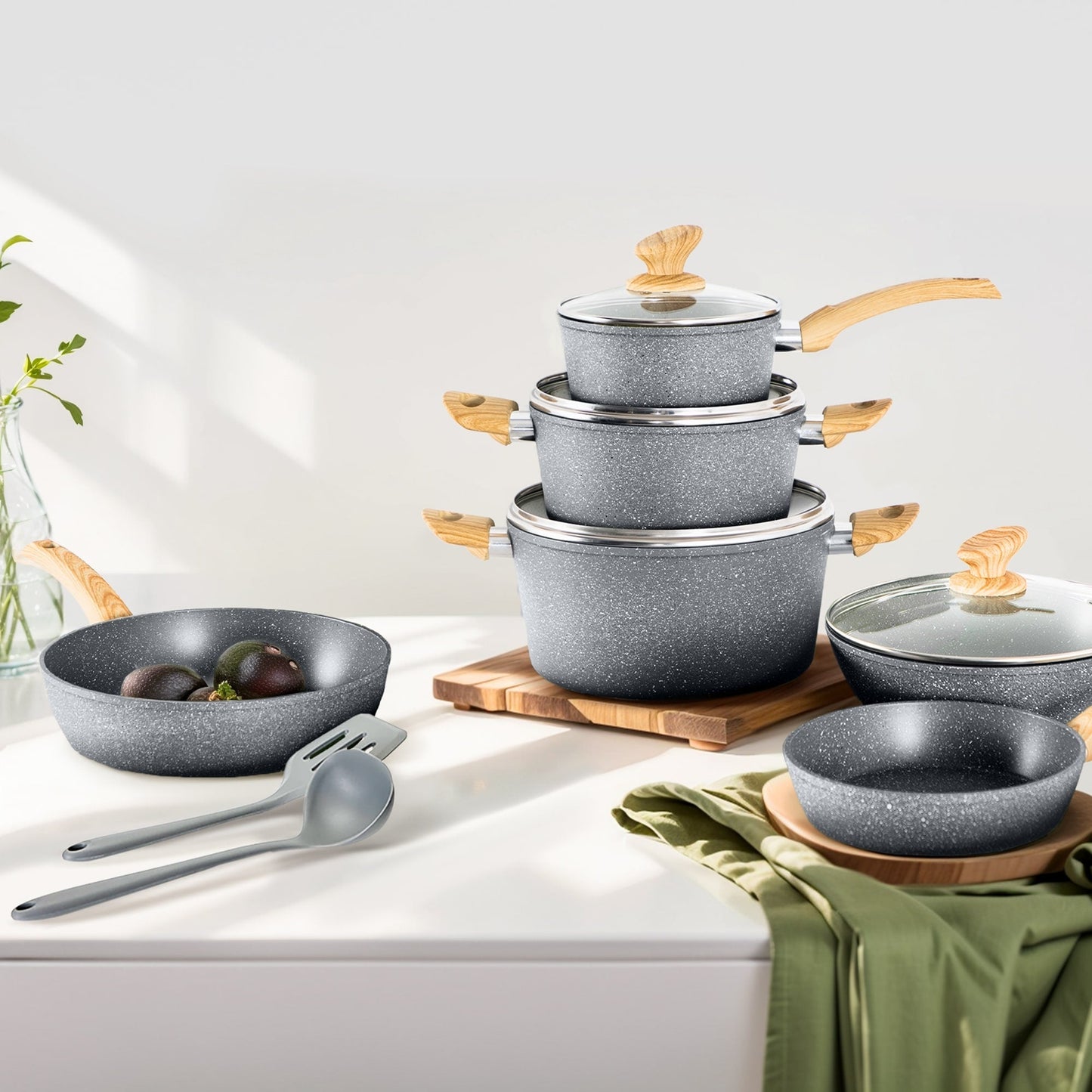 Batterie de cuisine antiadhésive, ensemble de 12 pièces (casseroles et poêles) en granit
