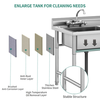 Évier de cuisine en acier inoxydable à compartiments, sur pied, de type commercial