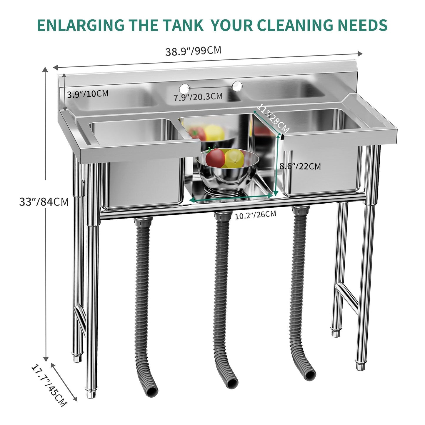 Évier de cuisine en acier inoxydable à compartiments, sur pied, de type commercial