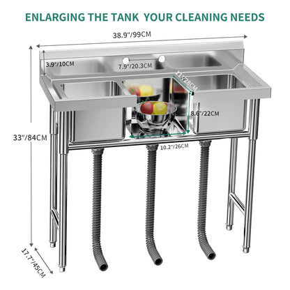 Évier de cuisine en acier inoxydable à compartiments, sur pied, de type commercial