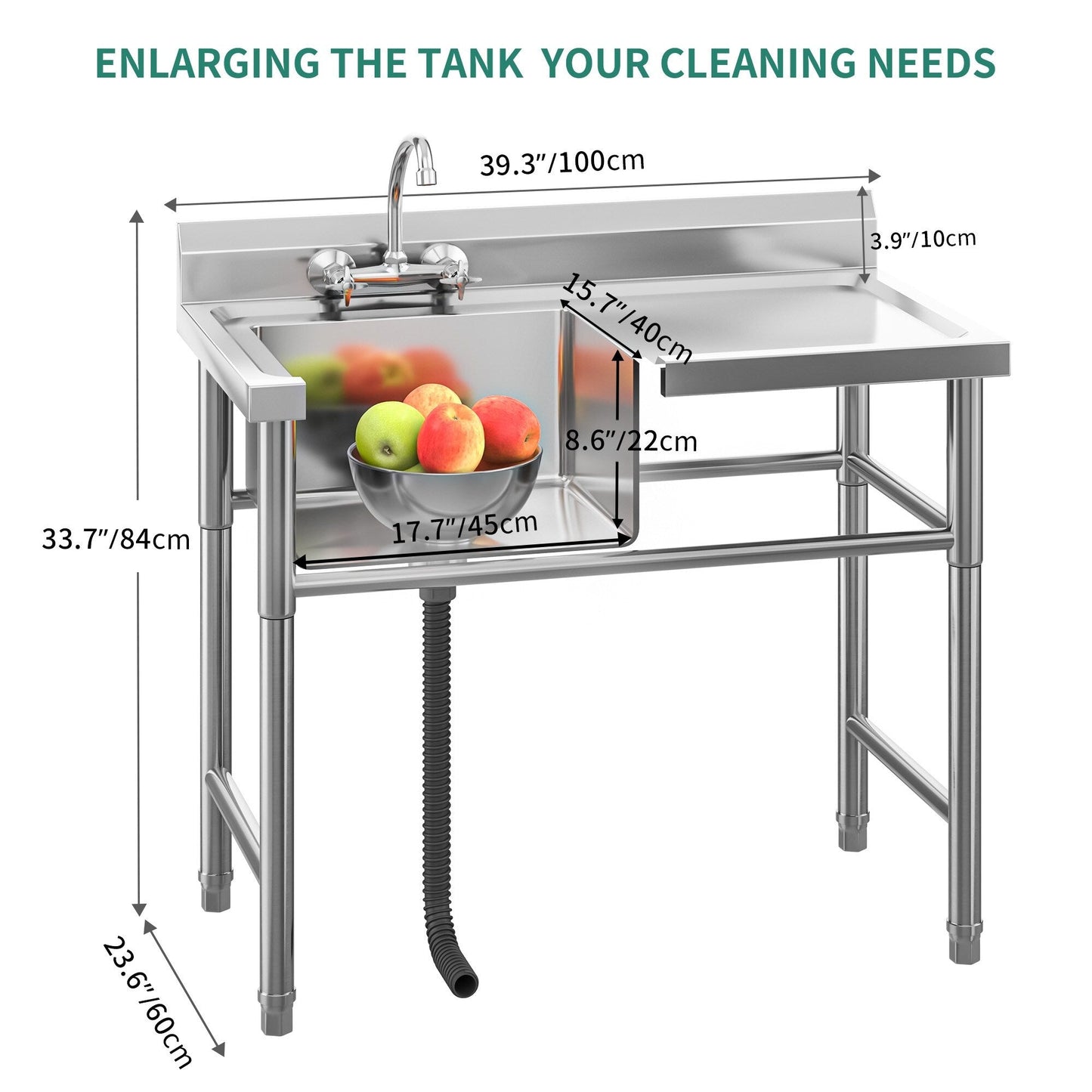 Évier de cuisine en acier inoxydable à compartiments, sur pied, de type commercial