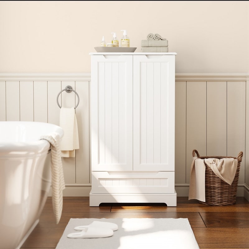 Armoire de rangement de cuisine, meuble de rangement de salle de bain autoportant avec 2 portes et tiroirs