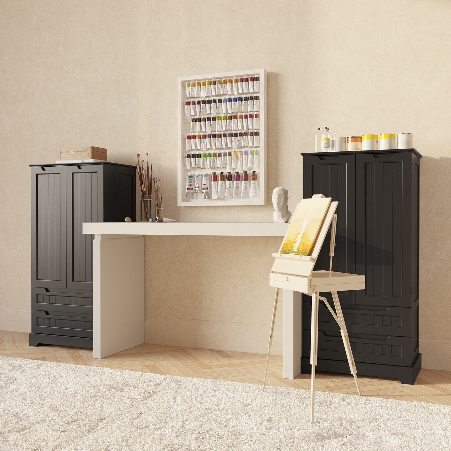 Armoire de rangement de cuisine, meuble de rangement de salle de bain autoportant avec 2 portes et tiroirs
