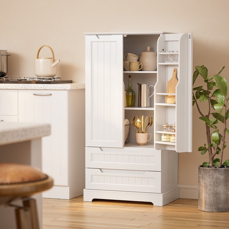 Armoire de rangement de cuisine, meuble de rangement de salle de bain autoportant avec 2 portes et tiroirs