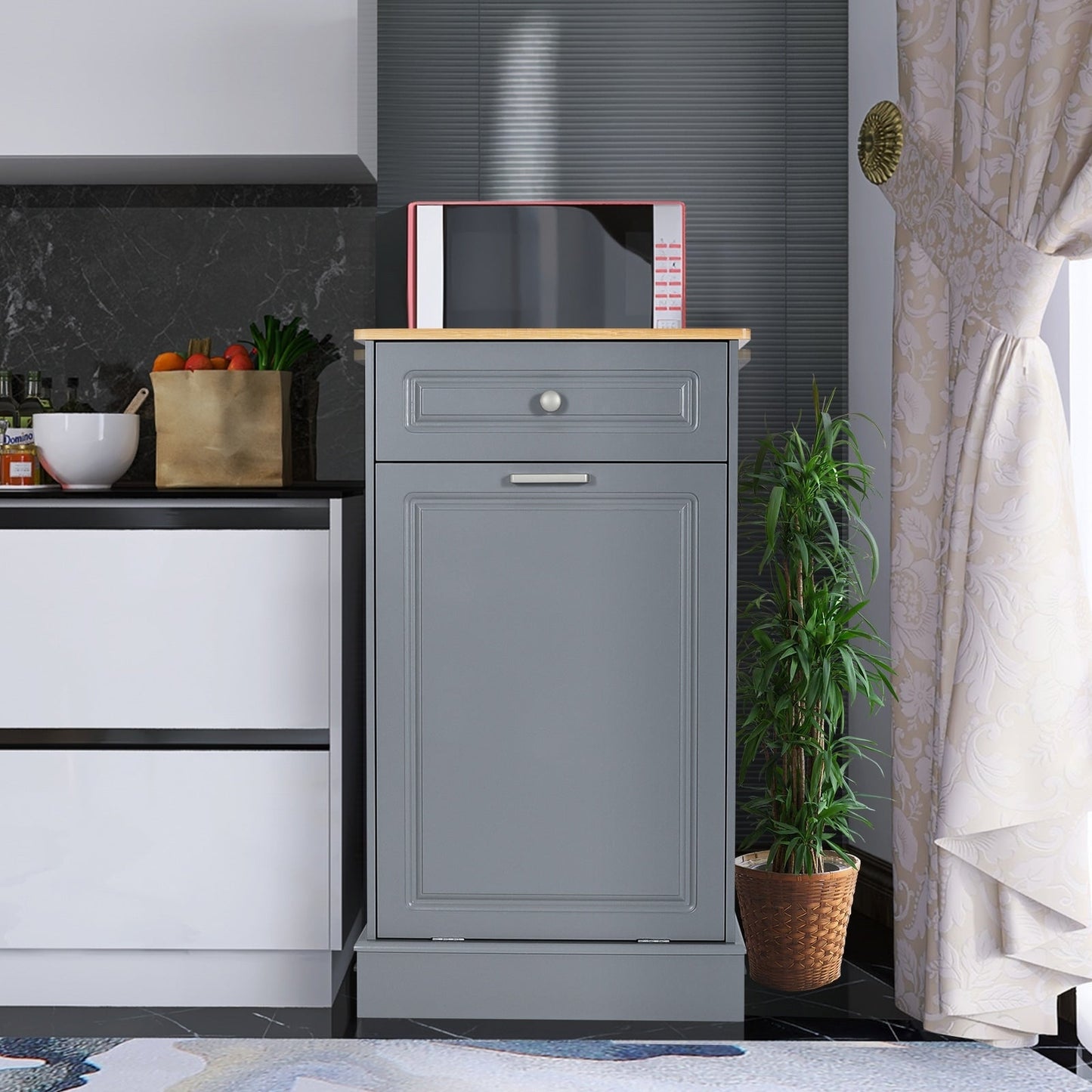 Armoire à poubelles basculante de cuisine avec tiroir, rangement pour poubelles, paniers à déchets en bois à poser sur le comptoir