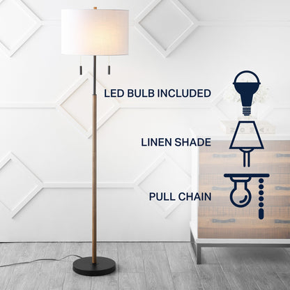 Lampe sur pied LED Koda 61 style rustique, en fer forgé, finition bois brun/noir, par JONATHAN Y