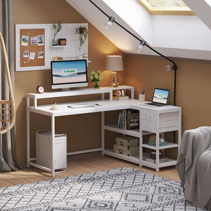 Bureau en L avec tiroir, bureau d'angle pour bureau à domicile avec étagères de rangement et support pour écran, bureau PC rustique pour petits espaces