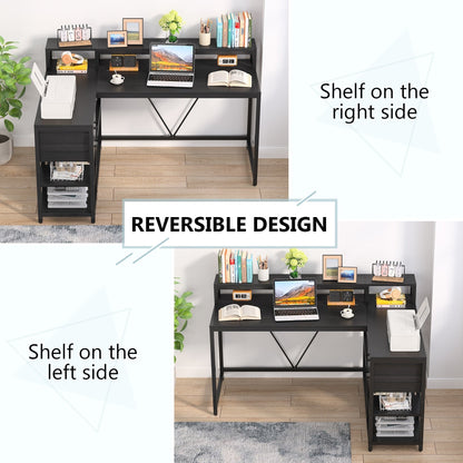 Bureau en L avec tiroir, bureau d'angle pour bureau à domicile avec étagères de rangement et support pour écran, bureau PC rustique pour petits espaces