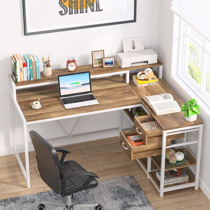 Bureau en L avec tiroir, bureau d'angle pour bureau à domicile avec étagères de rangement et support pour écran, bureau PC rustique pour petits espaces