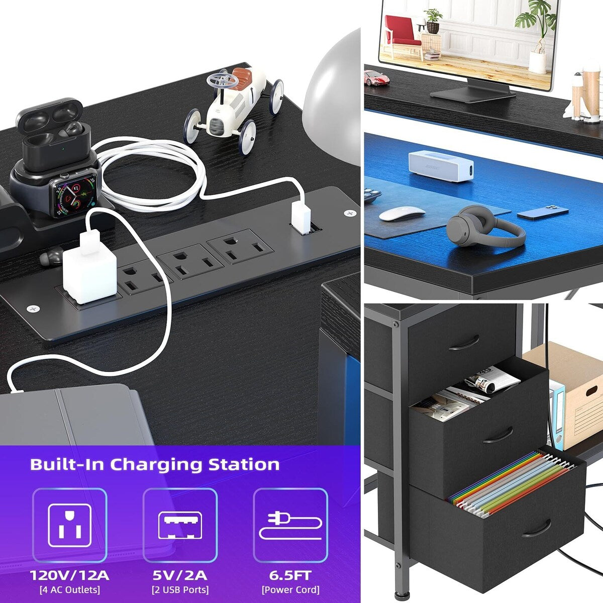 Bureau en L avec prises électriques et éclairage LED