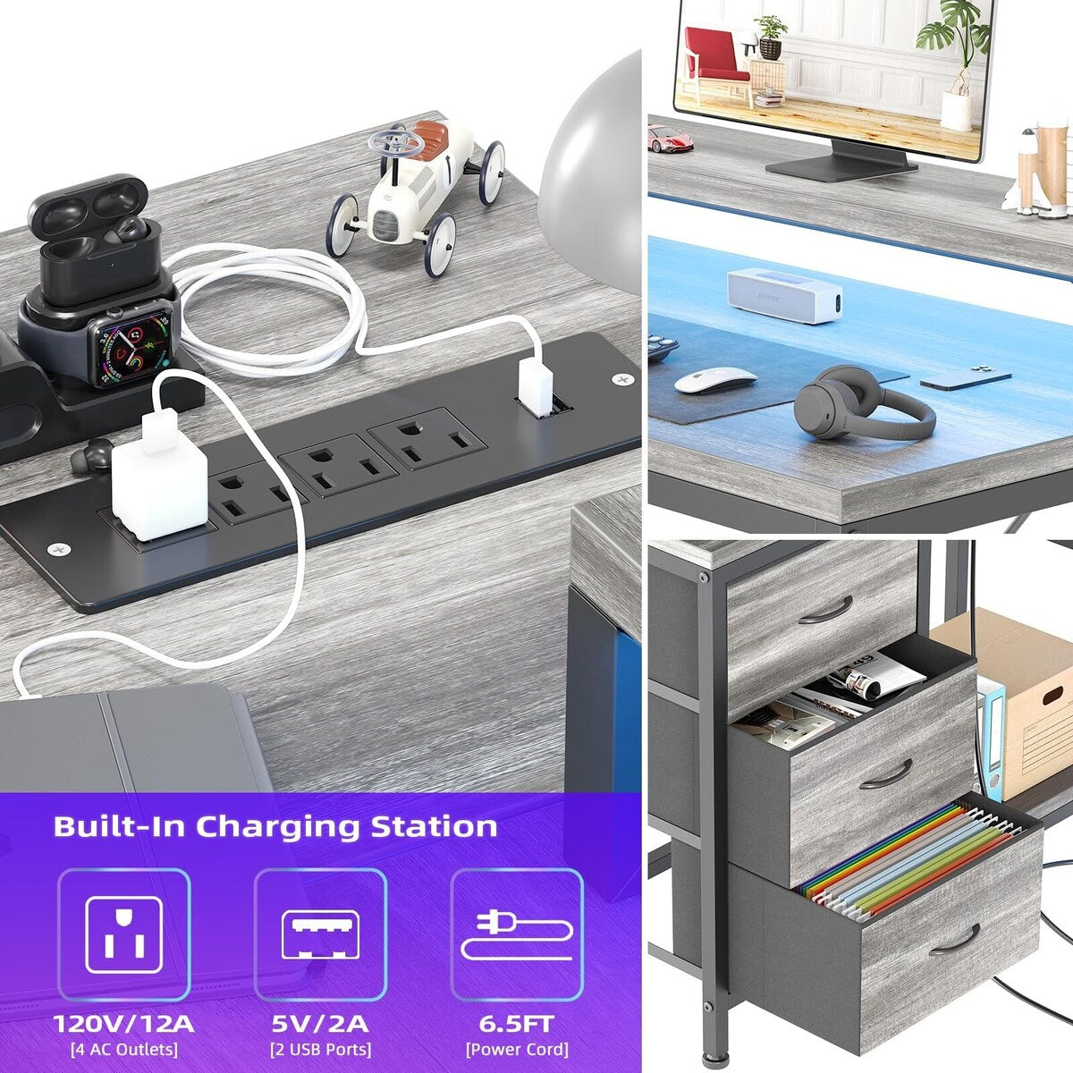 Bureau en L avec prises électriques et éclairage LED