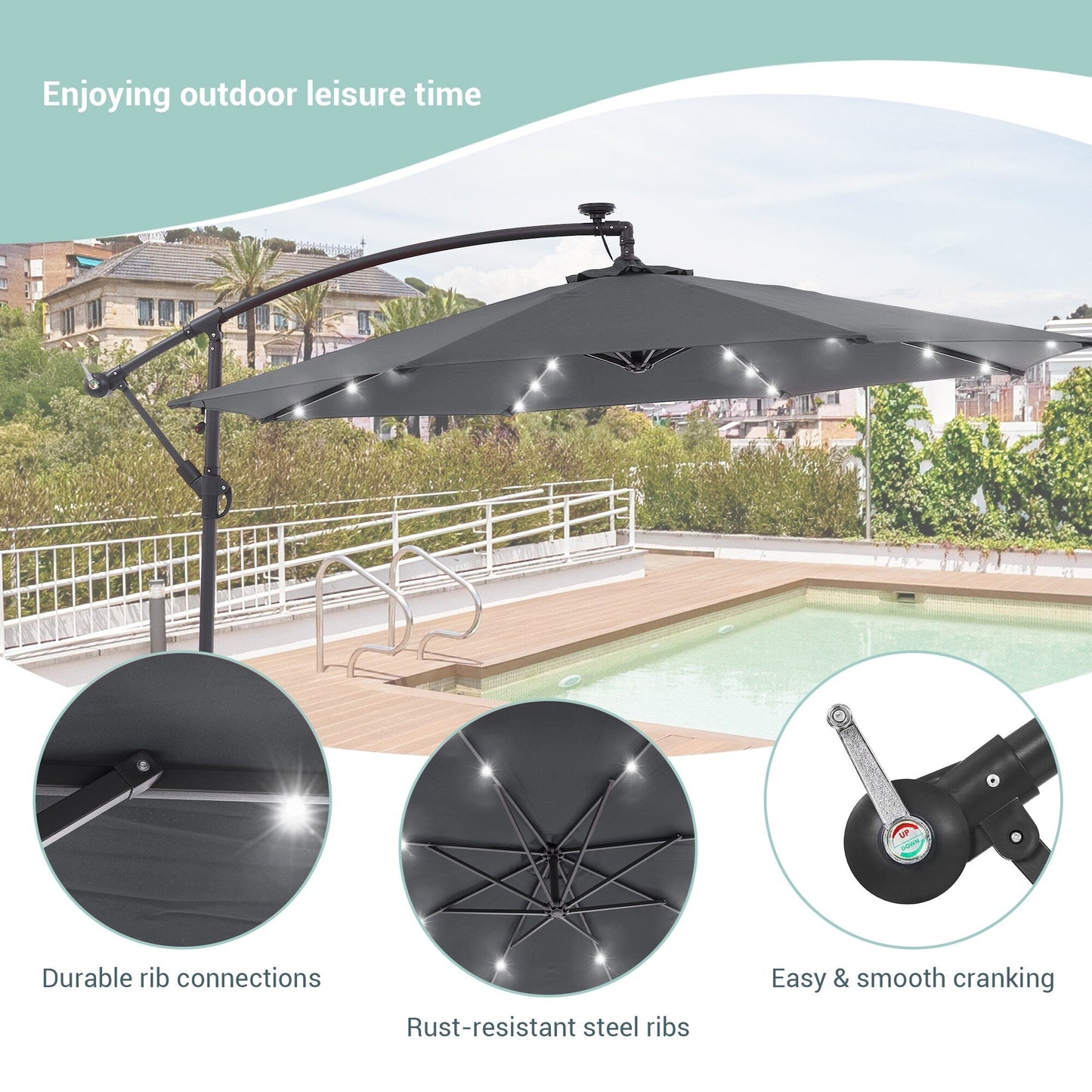 Parasol déporté de terrasse LIVOOSUN de 3 m avec éclairage LED et base en croix